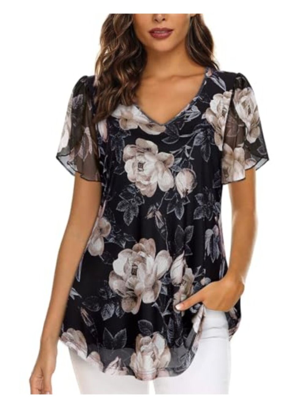 Women's Mesh Blouse V-Neck Ruffle Short Sleeve Double Layered Flowy Top